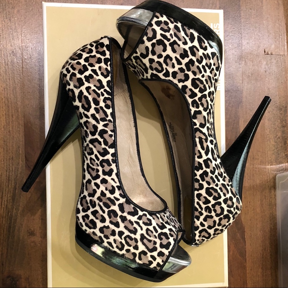 Leopard Print Peep-Toe Stiletto Heels - Beige/Black